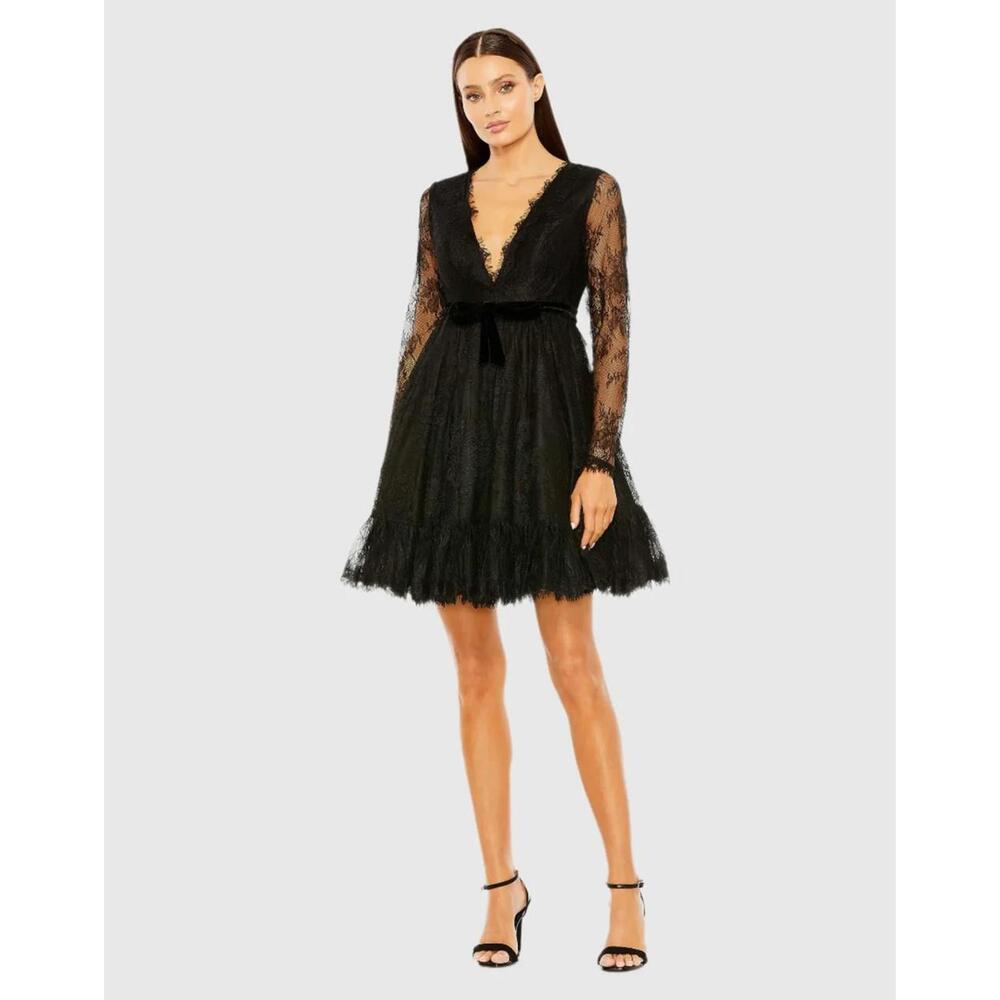 NWT Mac Duggal 49794 Black Long Sleeve Deep V Lace Babydoll Dress Size 4